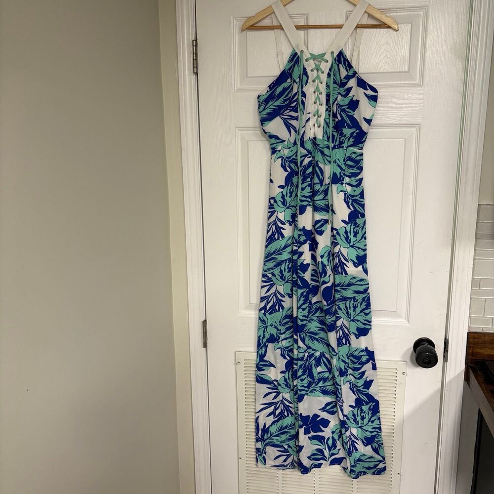 Jealous Tomato Blue And White Lace Up Maxi Dress Size Small